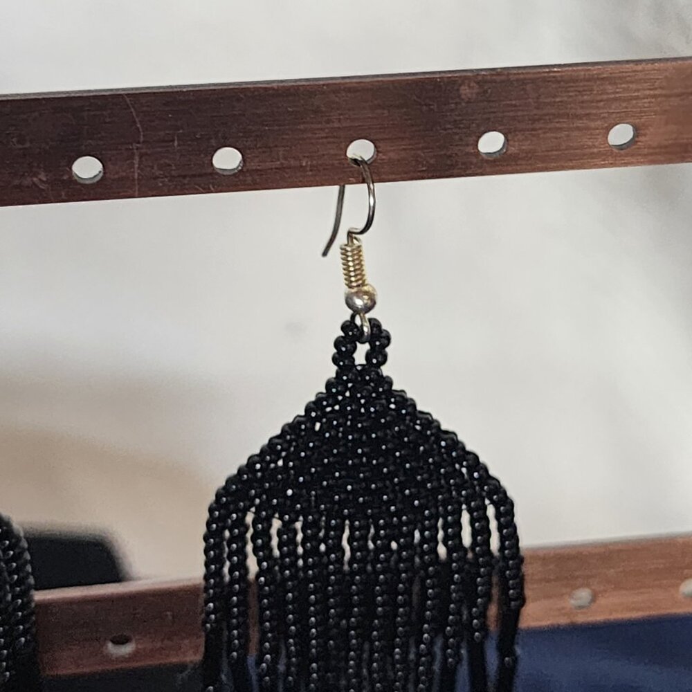Coal Black Handmade Beaded Chandelier Shepard's Hook Earrings for Pierced Ears - Picture 10 of 16